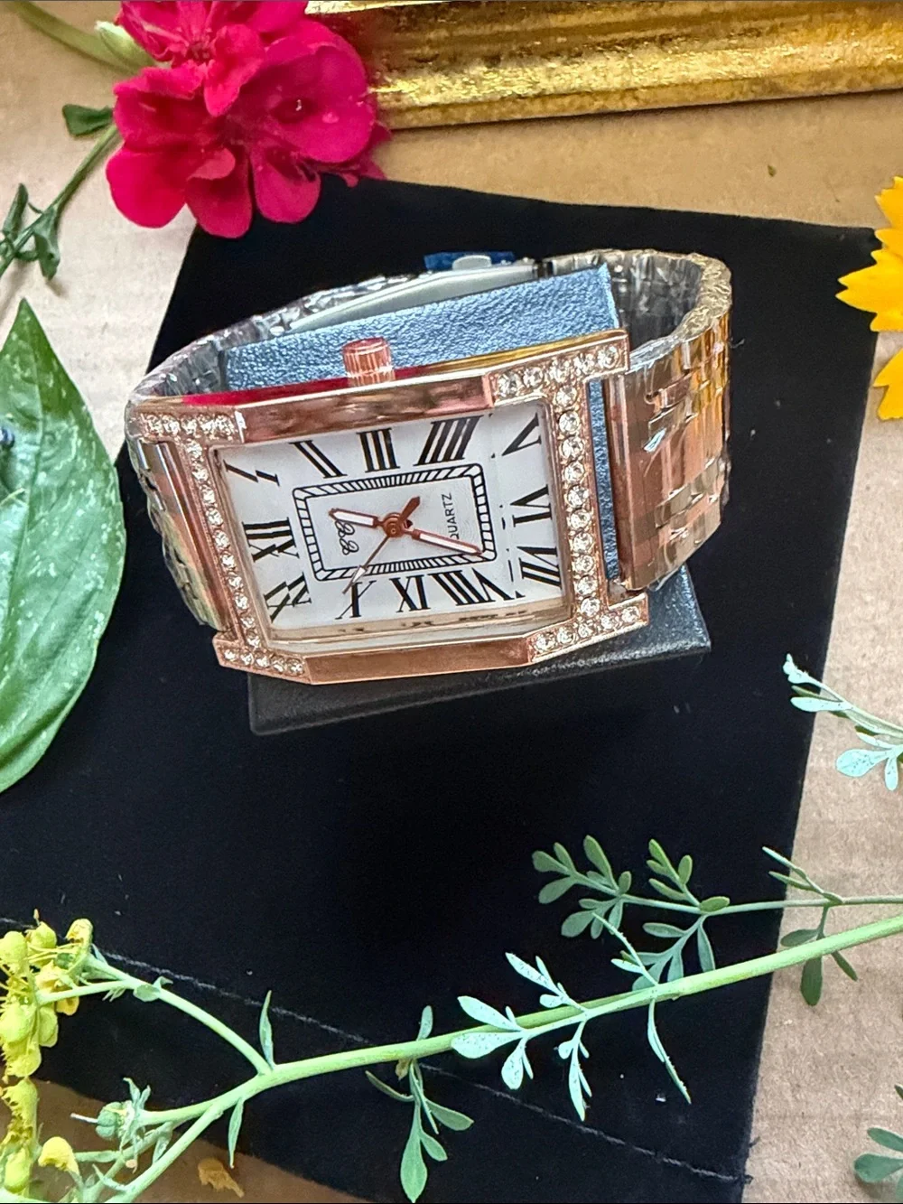 Rose Gold Crystal-Accent Rectangular Quartz Watch